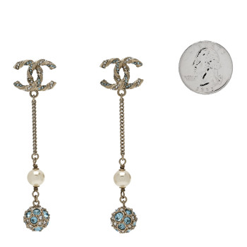 CHANEL Crystal Pearl CC Ball Chain Drop Earrings Gold Blue