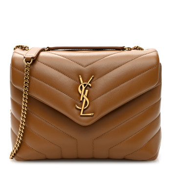 SAINT LAURENT Calfskin Y Quilted Monogram Small Loulou Chain Satchel Dark Natural