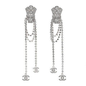 CHANEL Crystal CC Crown Chandelier Drop Clip On Earrings Silver