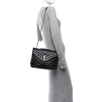 SAINT LAURENT Calfskin Y Quilted Monogram Medium Loulou Chain Satchel Black
