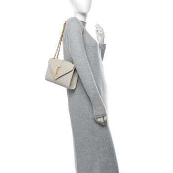 SAINT LAURENT Grain De Poudre Textured Mixed Matelasse Medium Triquilt Monogram Satchel Crema Soft