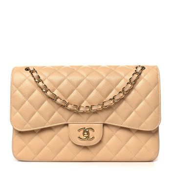 CHANEL Caviar Quilted Jumbo Double Flap Light Beige