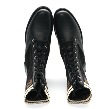 FENDI Calfskin Stretch Fabric Rockoko Biker Boots 41 Tobacco Black Marino