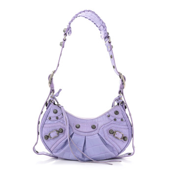 BALENCIAGA Extra Supple Calfskin Crocodile Embossed Le Cagole Shoulder Bag XS Lilac
