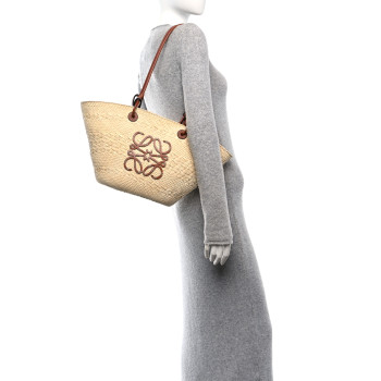 LOEWE Calfskin Raffia Paulas Ibiza Medium Anagram Basket Tote Bag Natural Tan