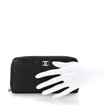 CHANEL Lambskin Camellia Embossed Large Zip Around Gusset Wallet Black