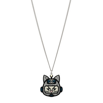 CHANEL Resin Pearl CC Emoji Robot Cat Lanyard Necklace Silver Blue