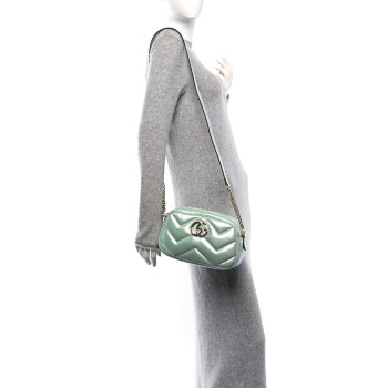 GUCCI Iridescent Nappa Chevron Matelasse Small GG Marmont Chain Shoulder Bag Iridescent Salvy Green