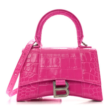 BALENCIAGA Shiny Calfskin Crocodile Embossed Hourglass Top Handle Bag XS Lipstick Pink