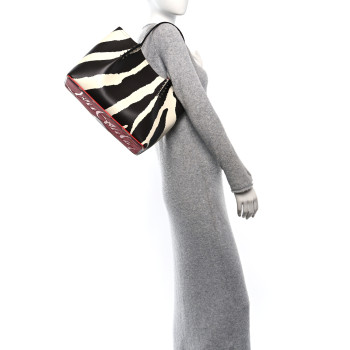 CHRISTIAN LOUBOUTIN Calfskin Zebra Print Spiked Large Cabarock Shopper Tote Brown White