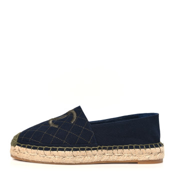 CHANEL Fabric Biarritz CC Espadrilles 38 Blue Green