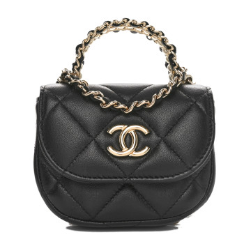 CHANEL Lambskin Quilted Pearl Top Handle Clutch With Chain Black