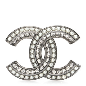 CHANEL Pearl Crystal CC Brooch Silver