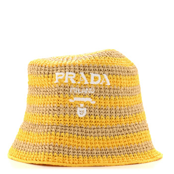 PRADA Raffia Striped Logo Embroidered Womens Bucket Hat M Naturale Giallo