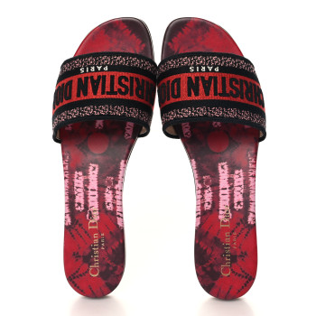 CHRISTIAN DIOR Canvas Tie and Dior Embroidered Dway Flat Slide Sandals 40 Spicy Red