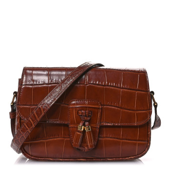 CELINE Calfskin Crocodile Embossed Medium Tassel Bag Tan
