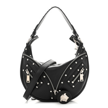 VERSACE Calfskin Studded Small Repeat Zip Hobo Black