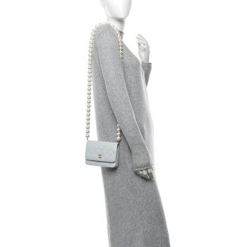 CHANEL Calfskin Quilted Mini Maxi Pearls Wallet On Chain WOC Light Blue