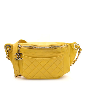 CHANEL Crumpled Glazed Lambskin Quilted Waist Bag Fanny Pack Yellow
