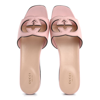 GUCCI Cosmos Softy Calfskin Interlocking G Cut Out Slide Sandals 40 Pastel Pink