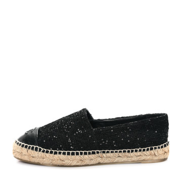 CHANEL Tweed Patent Goatskin Sequin CC Espadrilles 40 Black