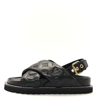 LOUIS VUITTON Lambskin Monogram Embossed Paseo Flat Comfort Sandals 36 Black