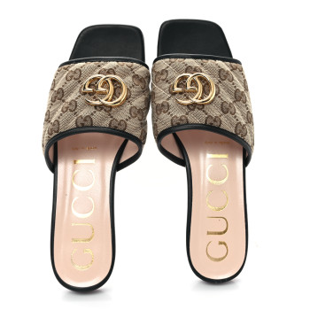 GUCCI Monogram Matelasse Diagonal GG Marmont Flat Slide Sandals 37.5 Beige Ebony Black