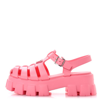 PRADA Foam Rubber Metal Triangle Logo Monolith 55mm Cage Sandals 41 Begonia