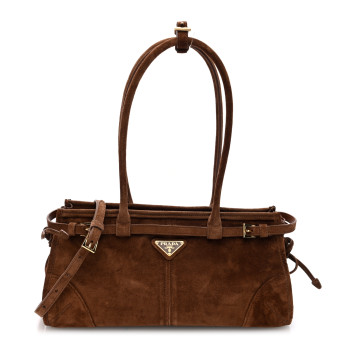 PRADA Suede Triangle Medium Bonnie Shoulder Bag Cocoa Brown