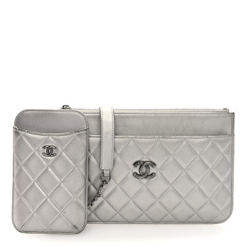 CHANEL Metallic Lambskin Quilted Clutch With Chain Silver