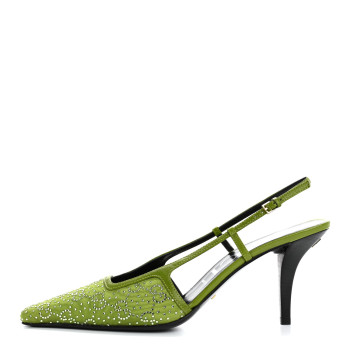 GUCCI Moire Fabric Malaga Kid Crystal GG Monogram Square G 75mm Slingback Pumps 40 Lemon Leaf