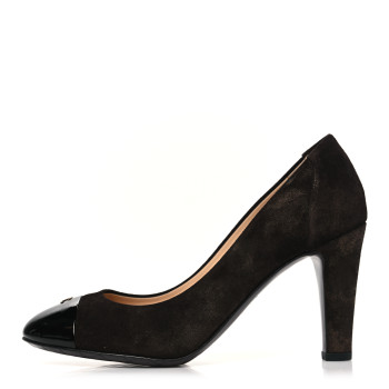 CHANEL Coated Suede CC Cap Toe Pumps 38.5 Black Brown