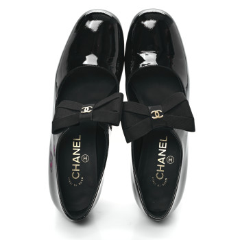 CHANEL Patent Calfskin Grosgrain CC Mary Jane Pumps 40 Black