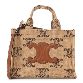 CELINE Raffia Effect Leopard Calfskin Triomphe Small Cabas Thais Natural Tan