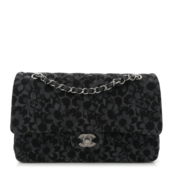 CHANEL Printed Denim Quilted Flower Medium Double Flap Black