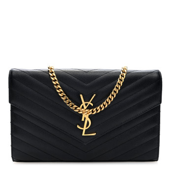 SAINT LAURENT Grain De Poudre Matelasse Chevron Monogram Chain Wallet Black
