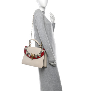 GUCCI Goatskin Elaphe Pearl Medium Fox Broche Top Handle Bag Hibiscus Red Mystic White