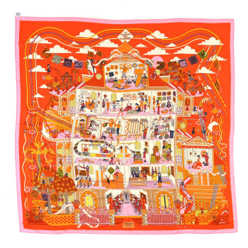 HERMES Cashmere Silk La Maison des Carres Shawl 140 Orange Rose Soleil
