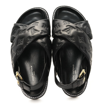 LOUIS VUITTON Lambskin Monogram Embossed Paseo Flat Comfort Sandals 36 Black