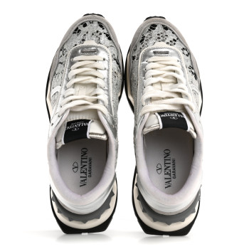 VALENTINO GARAVANI Metallic Calfskin Lace Mesh Lacerunner Sneaker 38.5 Silver Pastel Gray