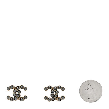 CHANEL Pearl Crystal Nefertiti CC Earrings Gold Dark Grey