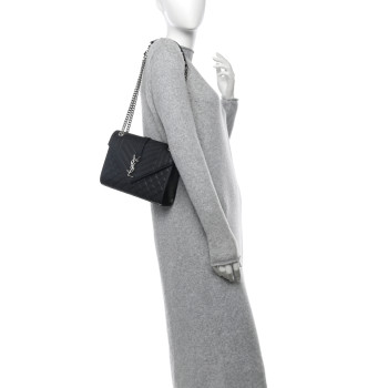 SAINT LAURENT Grain De Poudre Textured Mixed Matelasse Triquilt Medium Monogram Satchel Black