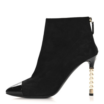 CHANEL Kid Suede Patent Calfskin Pearl Short Boots 39 Black