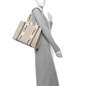 CHLOE Cotton Calfskin Medium Woody Ribbon Tote White Green