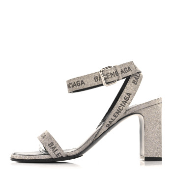 BALENCIAGA Glitter Allover Logo Ankle Strap Round Heel 80mm Sandals 38 Silver Black