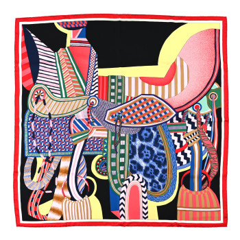 HERMES Silk La Selle Imaginaire Scarf 90 Black Jaune Soufre