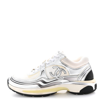 CHANEL Fabric Laminated Calfskin Stretch CC Sneakers 39.5 White Gold Silver