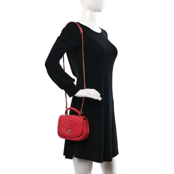 CHANEL Lambskin Reverse Chevron Quilted Mini Round Top Handle Flap Bright Pink