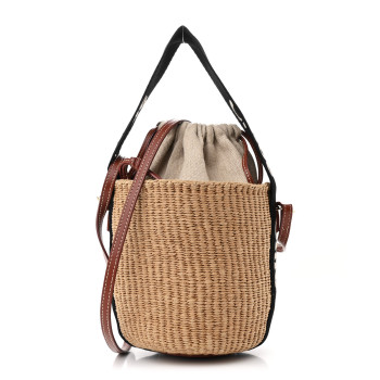 CHLOE X MIFUKO Raffia Calfskin Small Woody Basket Shoulder Bag Black Beige