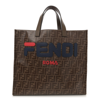 FENDI X FILA Glazed Fabric FF 1974 Mania Shopping Tote Bag Mogano Panna Blueberry